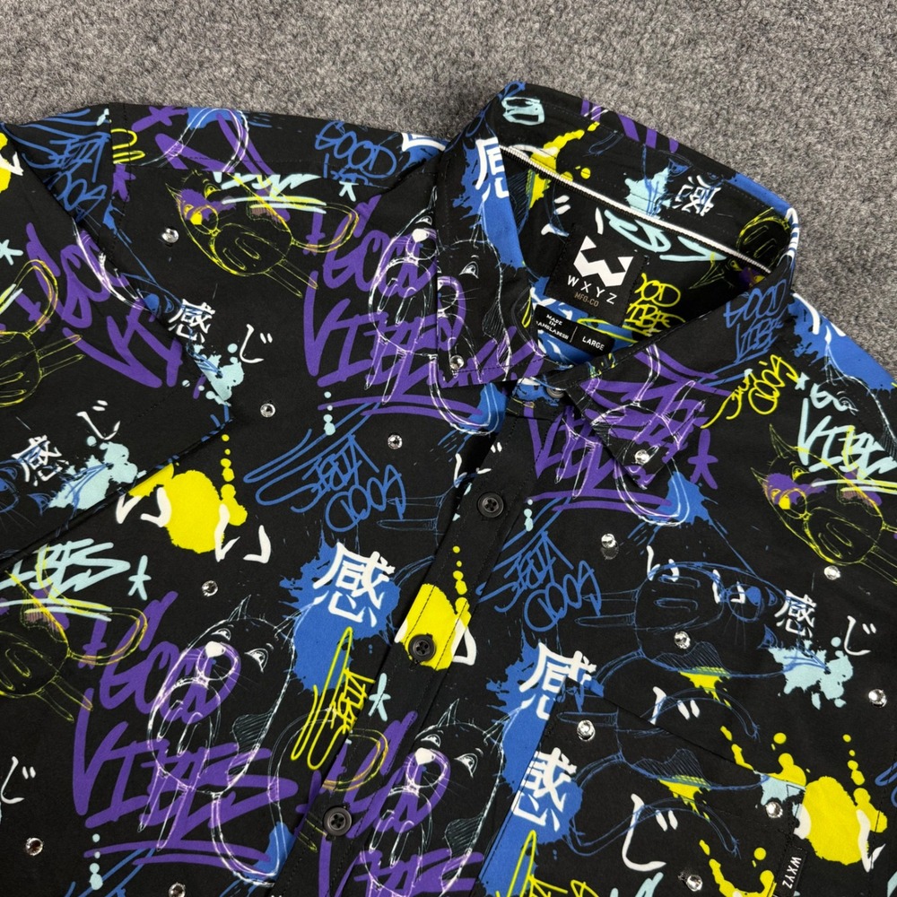 WXYZ MFG CO Mens Large Graffiti Print Short Sleeve Button Down Shirt Rhinestone